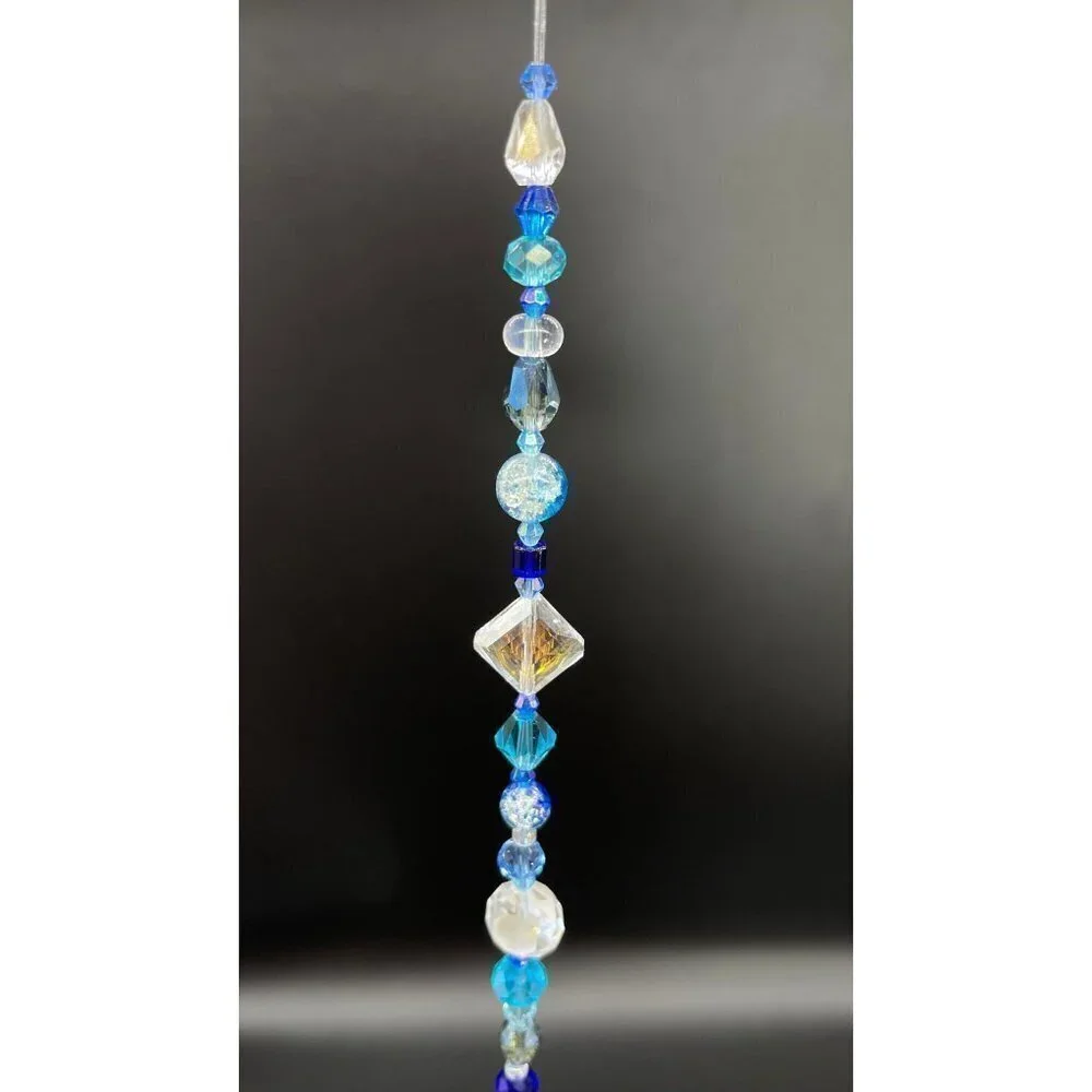 Blue Beaded Suncatcher - Clear Crystal Prism - Indoor Outdoor Hanging Decor
